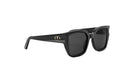A pair of black sunglasses with a gold logo on the frame.