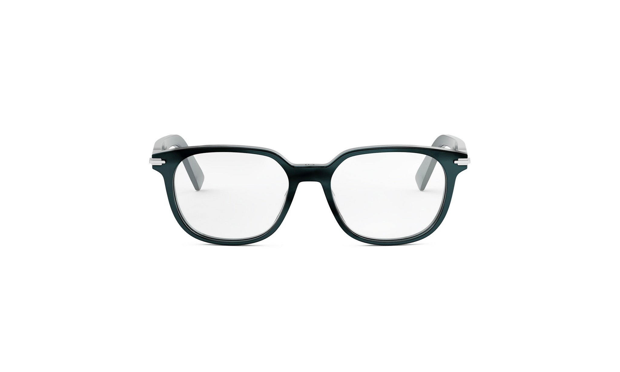 A pair of black-framed glasses with clear lenses is shown against a white background.