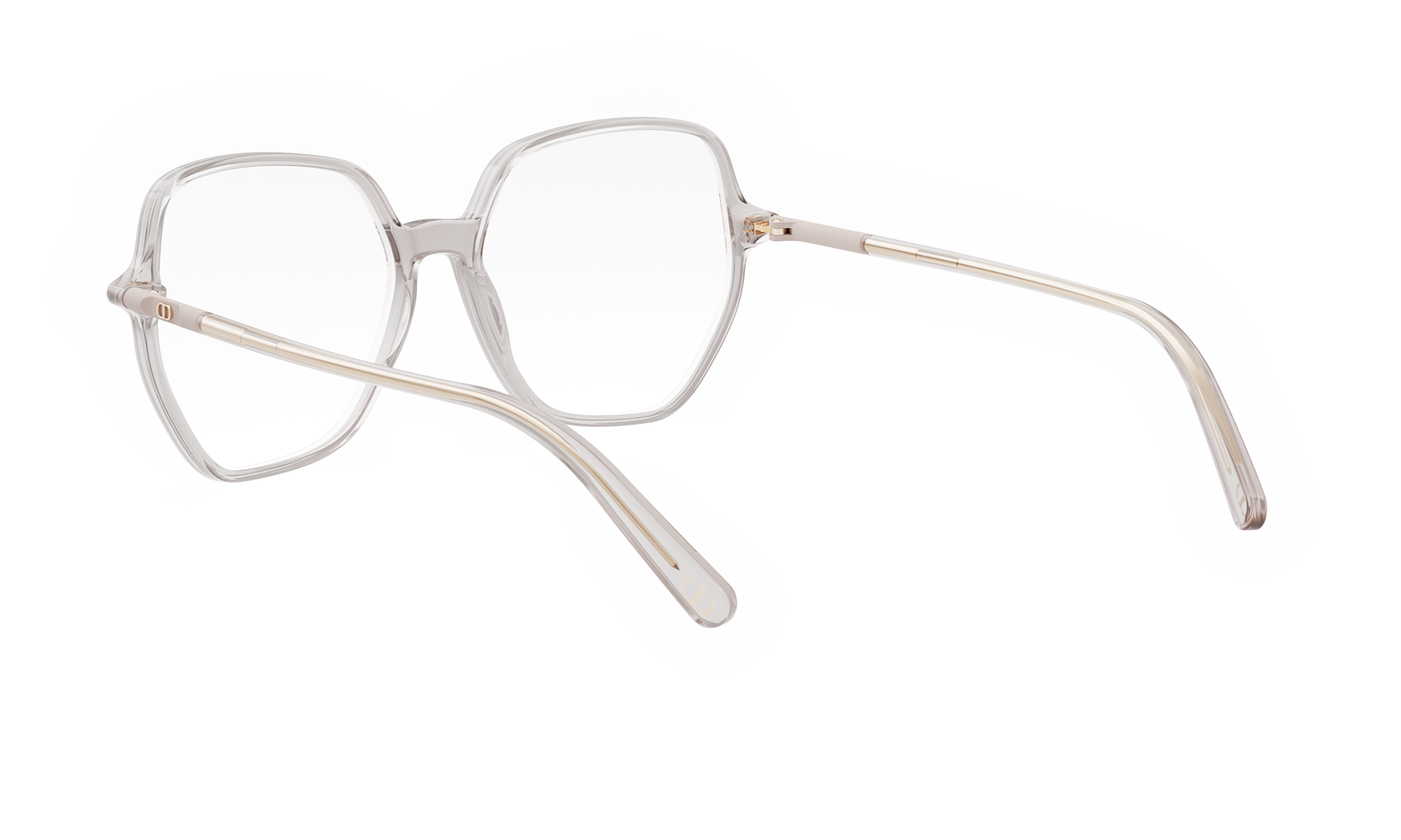 A pair of clear, modern-looking eyeglasses with a sleek, minimalist design.