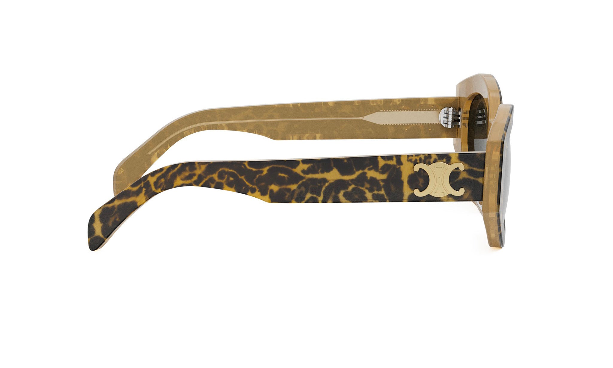 A pair of sunglasses with a leopard print frame and a Celine logo on the temples.