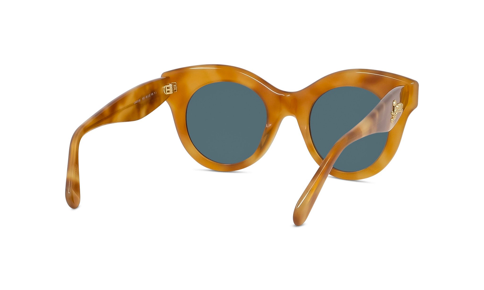 A pair of brown cat-eye sunglasses with dark blue lenses.