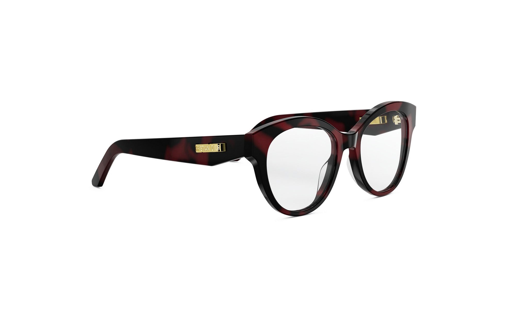 A pair of stylish, tortoiseshell-framed glasses with a dark red and black color scheme.