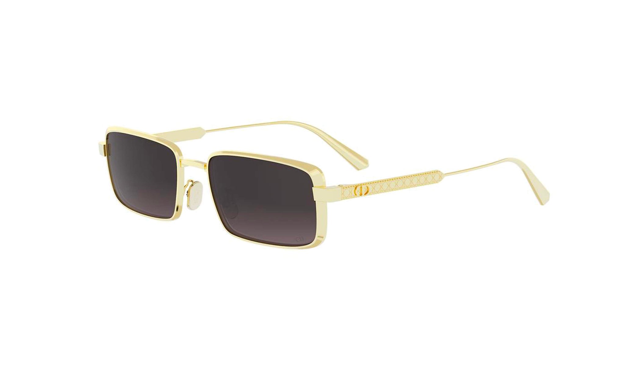 A pair of gold-colored sunglasses with dark lenses.