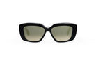 A pair of black sunglasses with a dark frame and a light-colored lens.