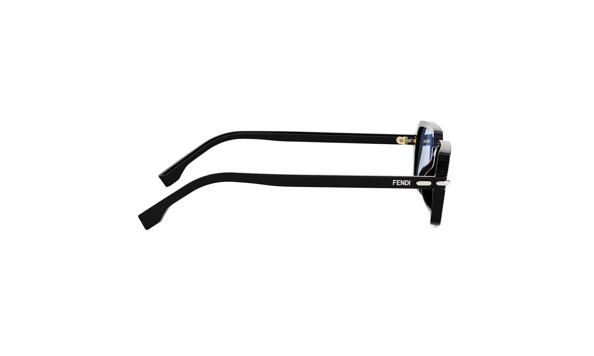 A pair of black Fendi-branded sunglasses is shown against a white background.