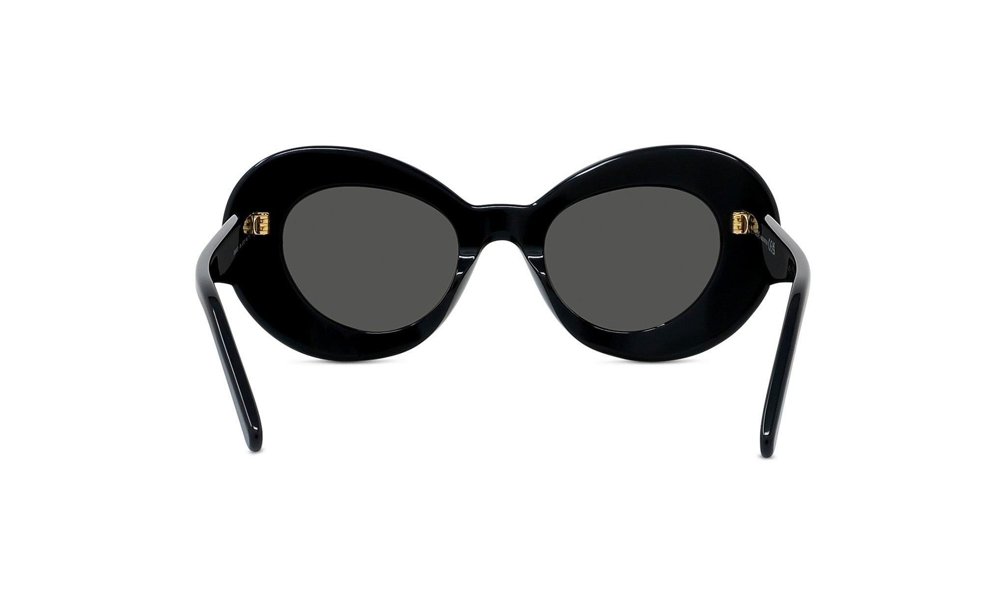 A pair of black, round sunglasses with dark lenses.