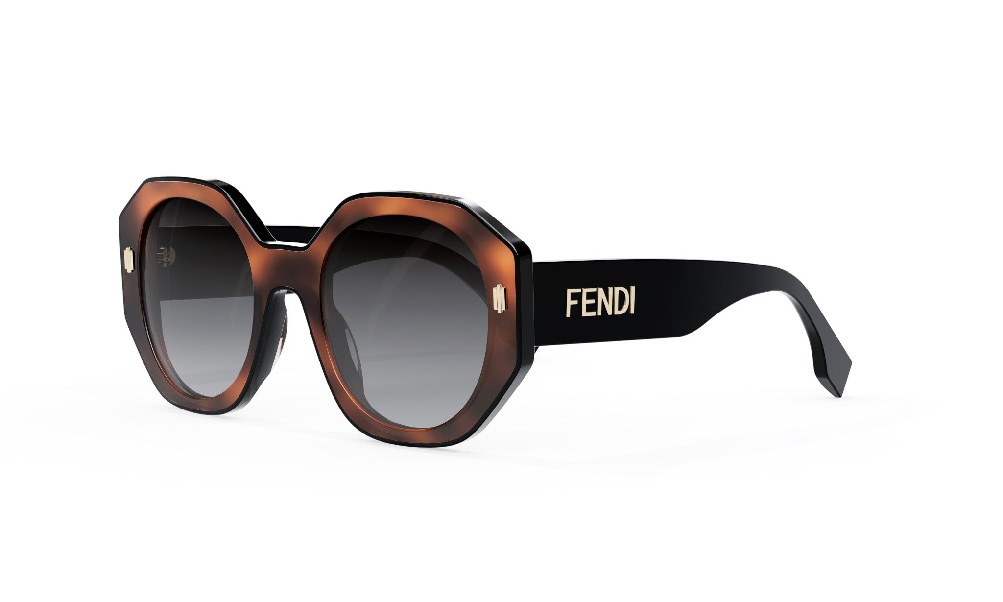 A pair of brown-framed sunglasses with the Fendi logo on the side.
