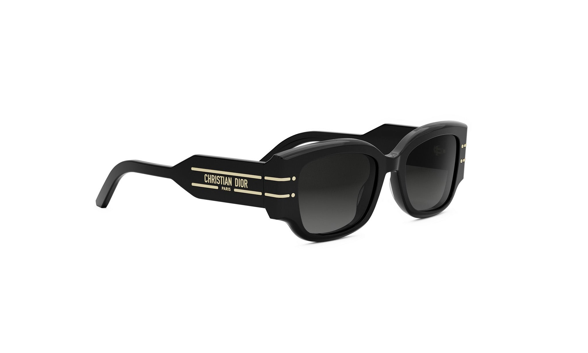 A pair of black sunglasses with gold text on the side.