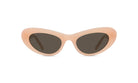 A pair of sunglasses with a light peach frame and dark lenses.