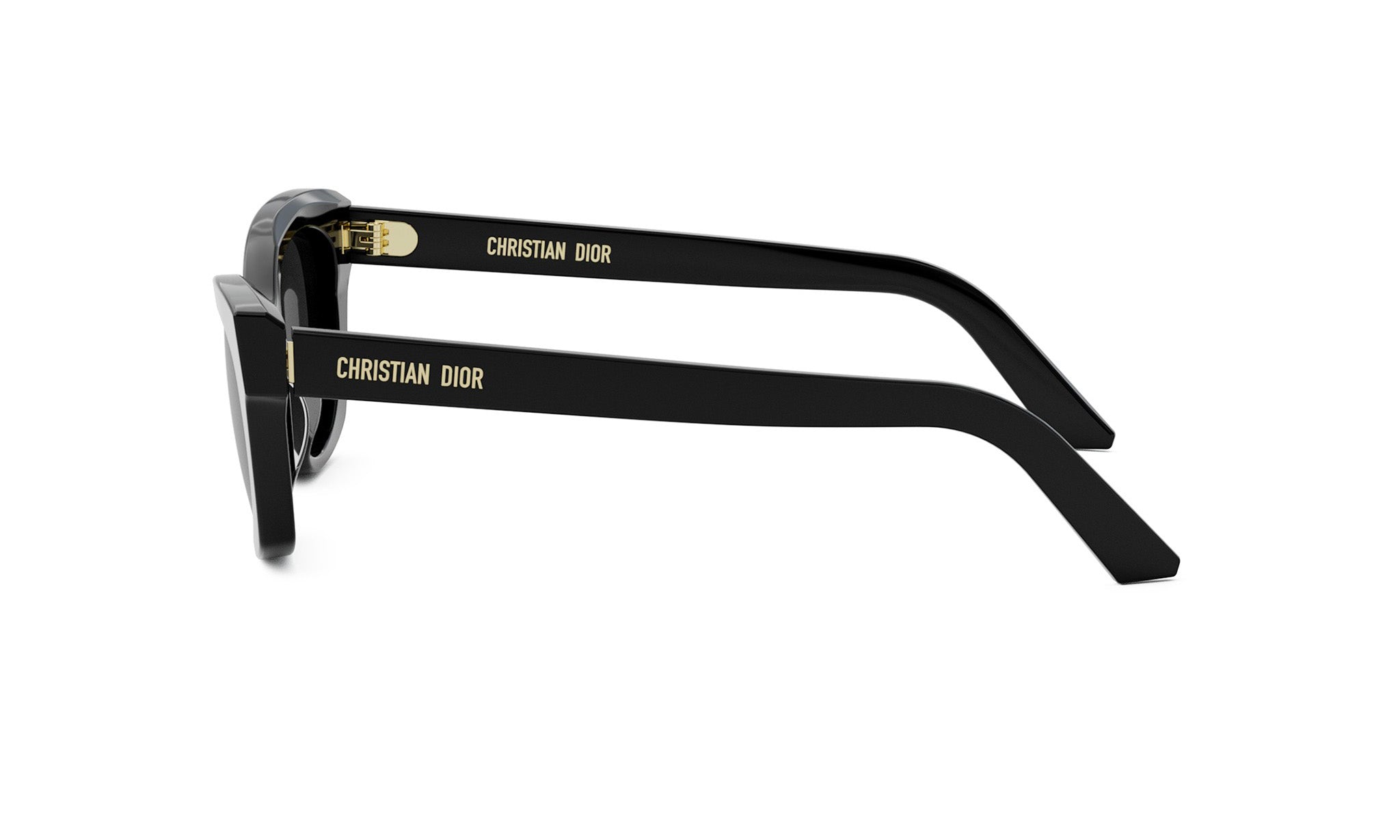 A pair of black Christian Dior sunglasses with gold accents.