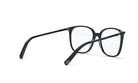 A pair of black-framed glasses with clear lenses, positioned on a white background.