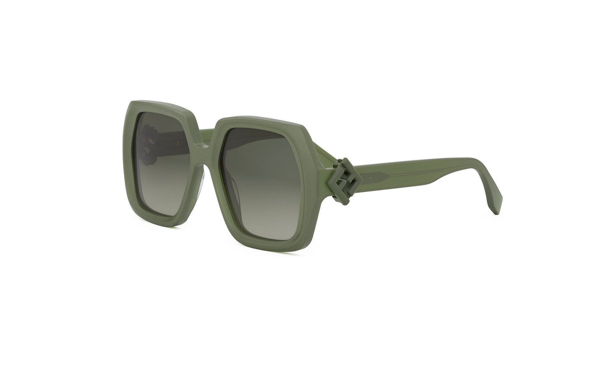 A pair of green-framed sunglasses with a square frame design.