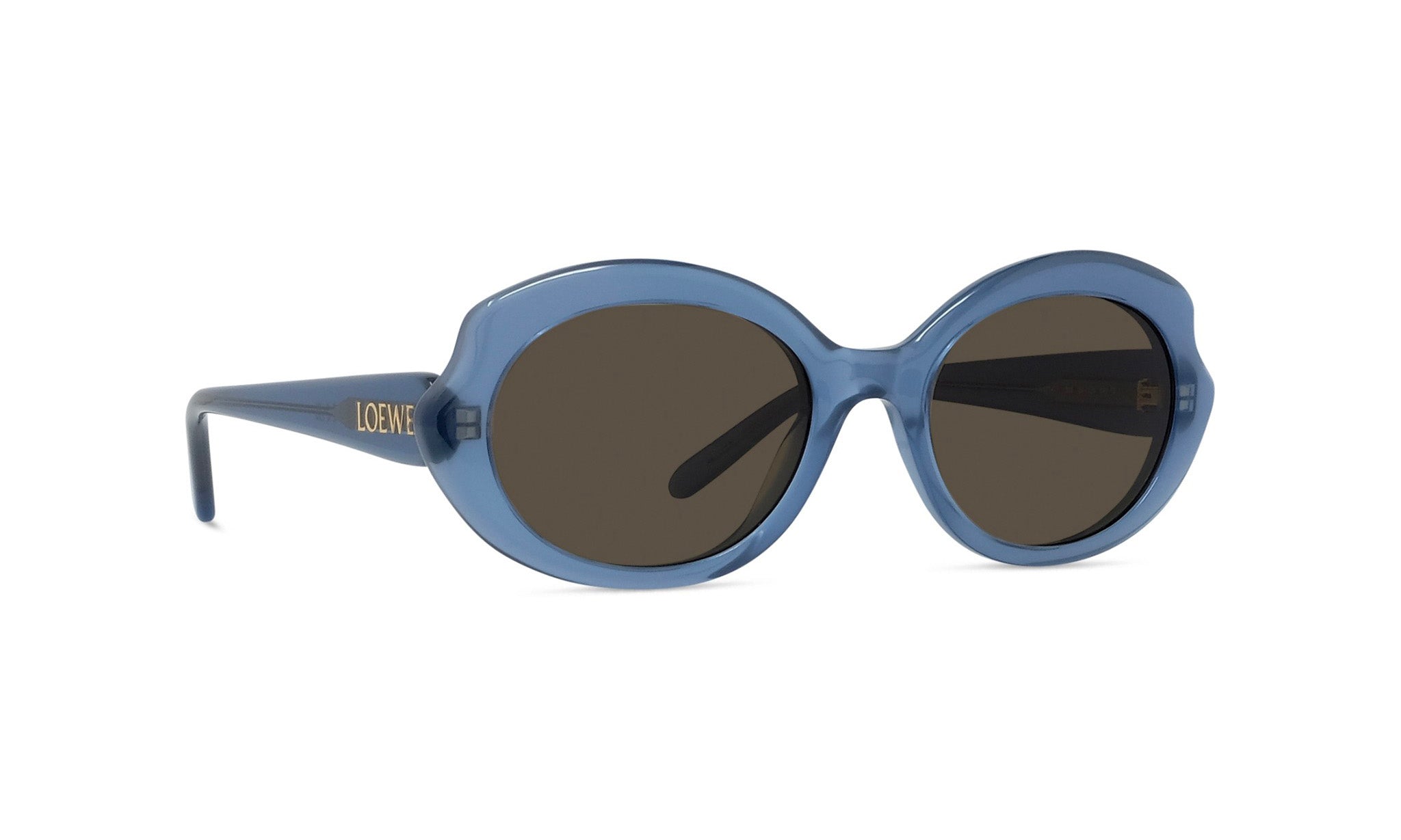 A pair of blue round sunglasses with dark lenses.