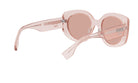 A pair of pink-tinted sunglasses with a round frame and a curved nose.