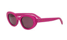 A pair of pink sunglasses with dark lenses.