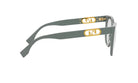 A pair of gray-framed sunglasses with gold accents and a logo on the temples.