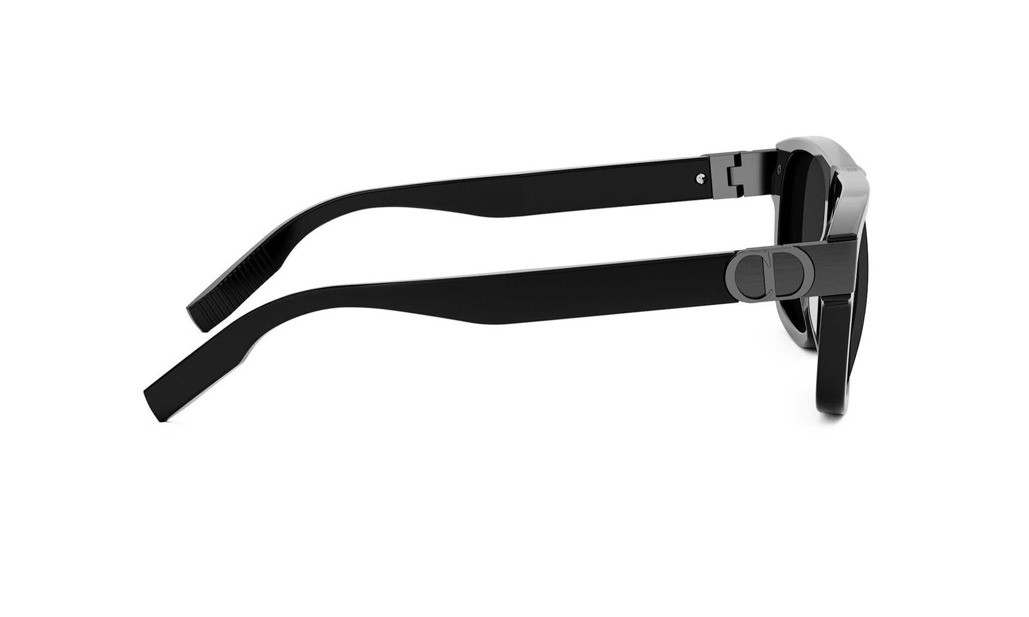 A pair of black sunglasses with a Dior logo on the frame.
