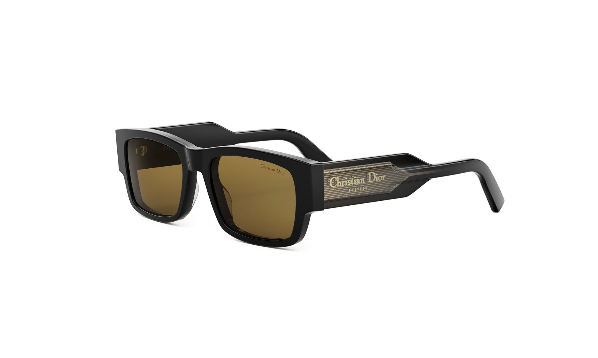 A pair of black sunglasses with a gold-colored frame and the logo of Christian Dior brand prominently displayed on the side.