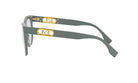 A pair of gray-framed sunglasses with gold-colored lettering on the temples.