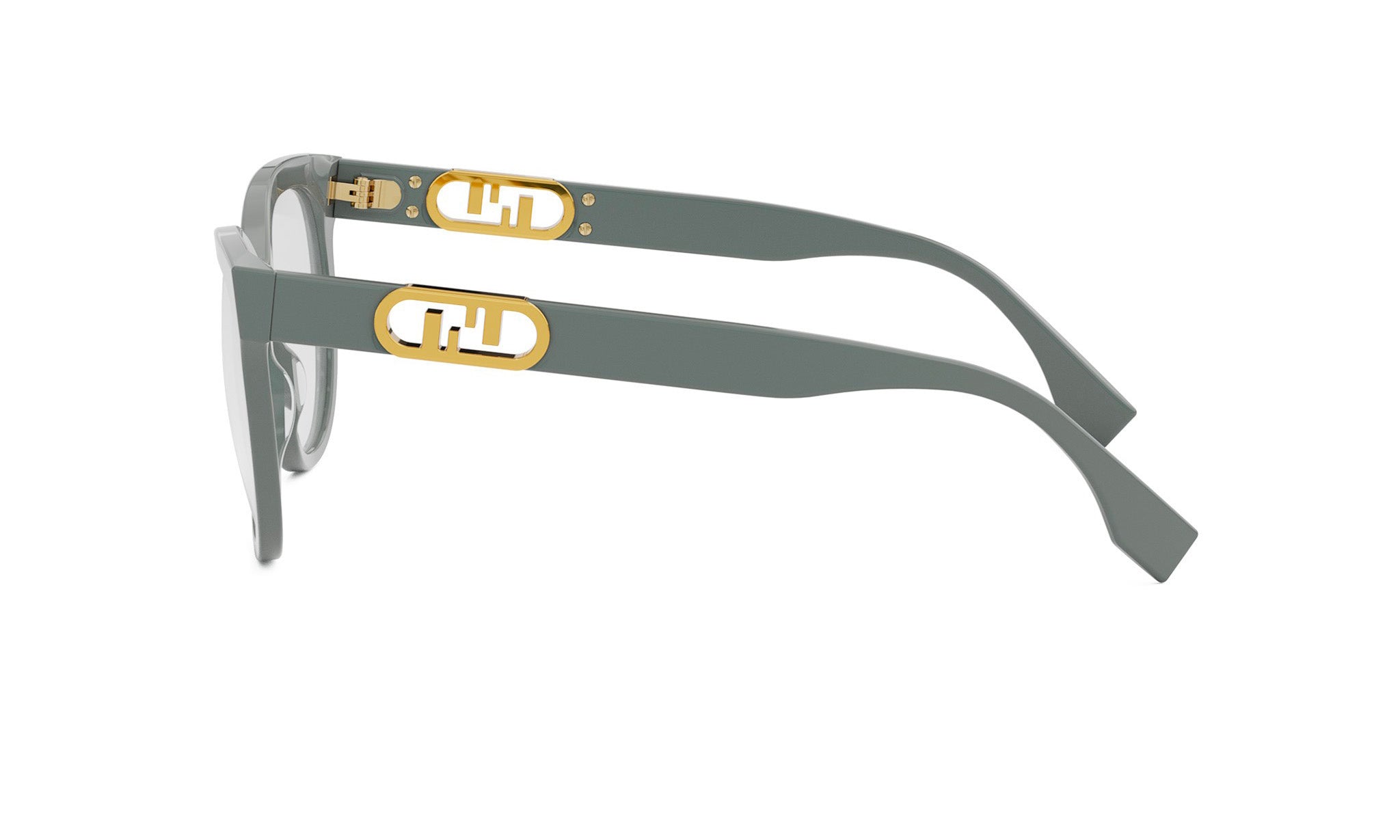 A pair of gray-framed sunglasses with gold-colored lettering on the temples.