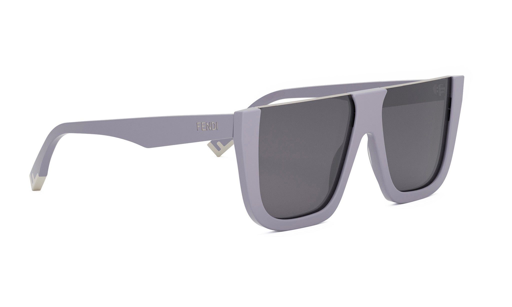 A pair of gray sunglasses with dark lenses.