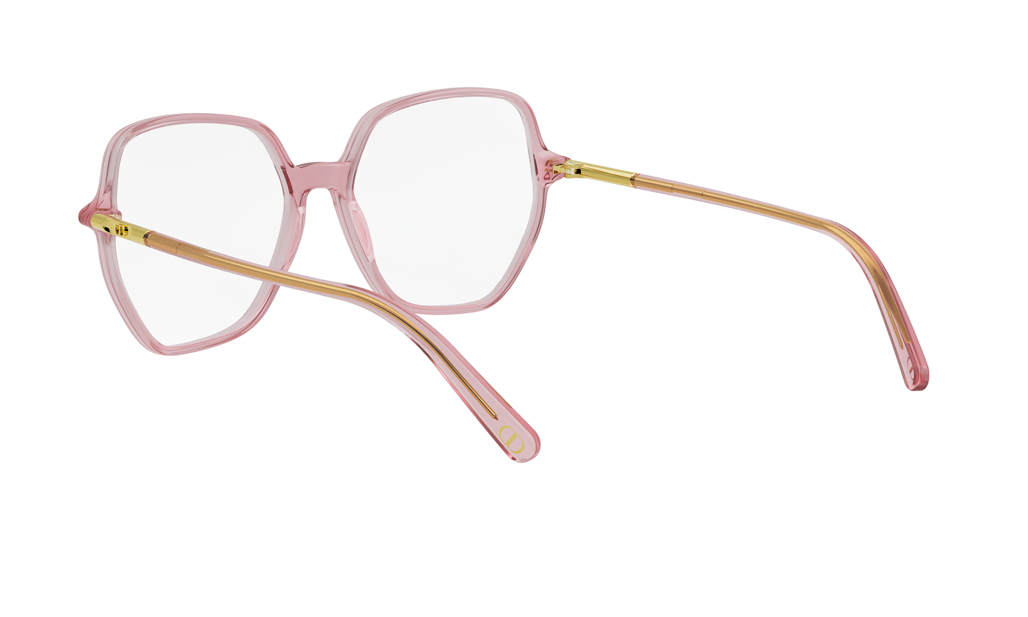 A pair of pink-framed glasses with gold accents, positioned on a white background.