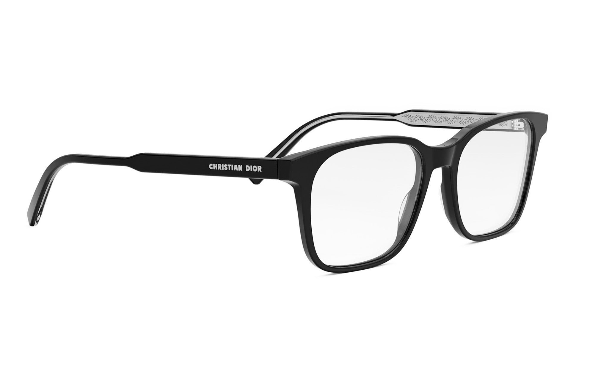 A pair of black-framed glasses with the Christian Dior logo on the side.