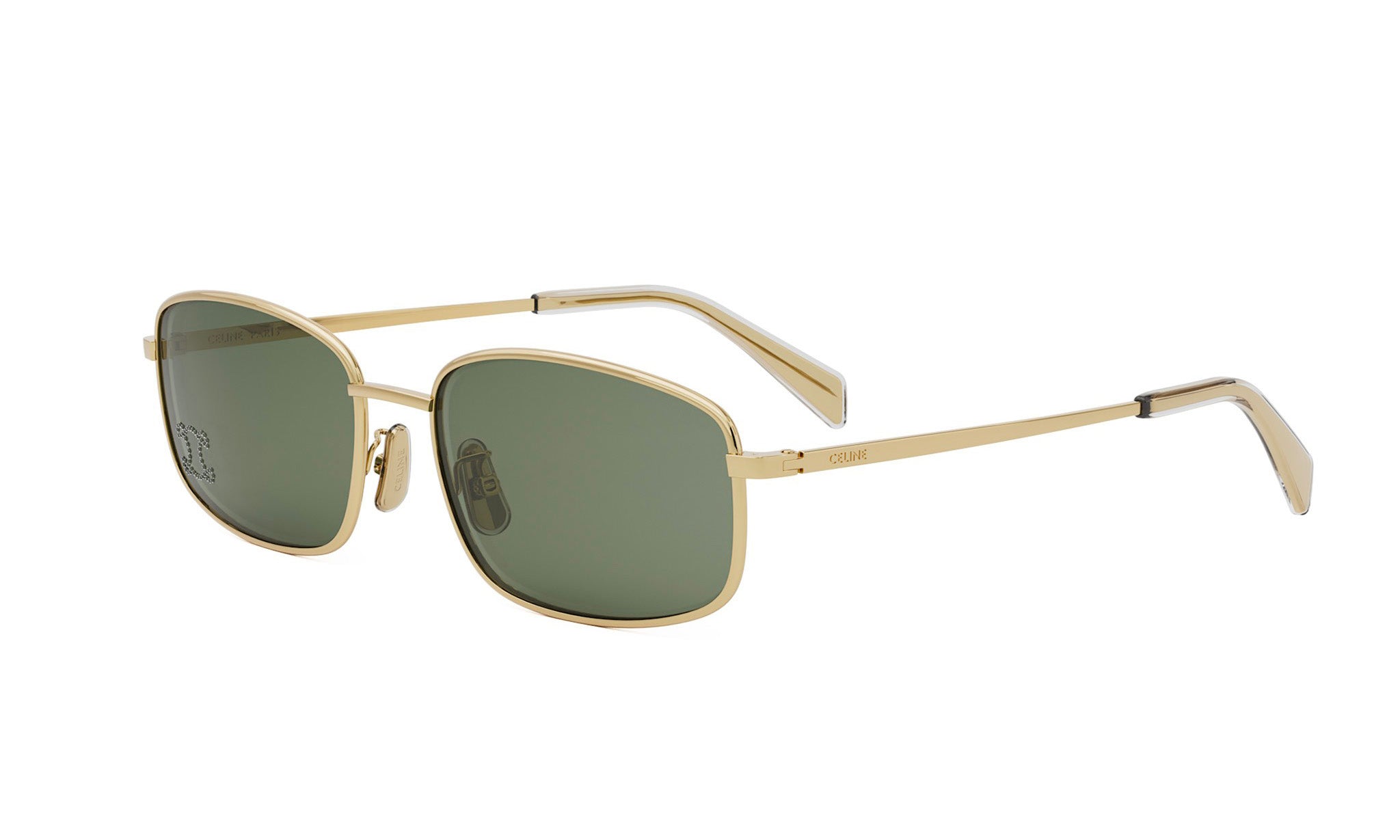 A pair of gold-colored sunglasses with dark green lenses.