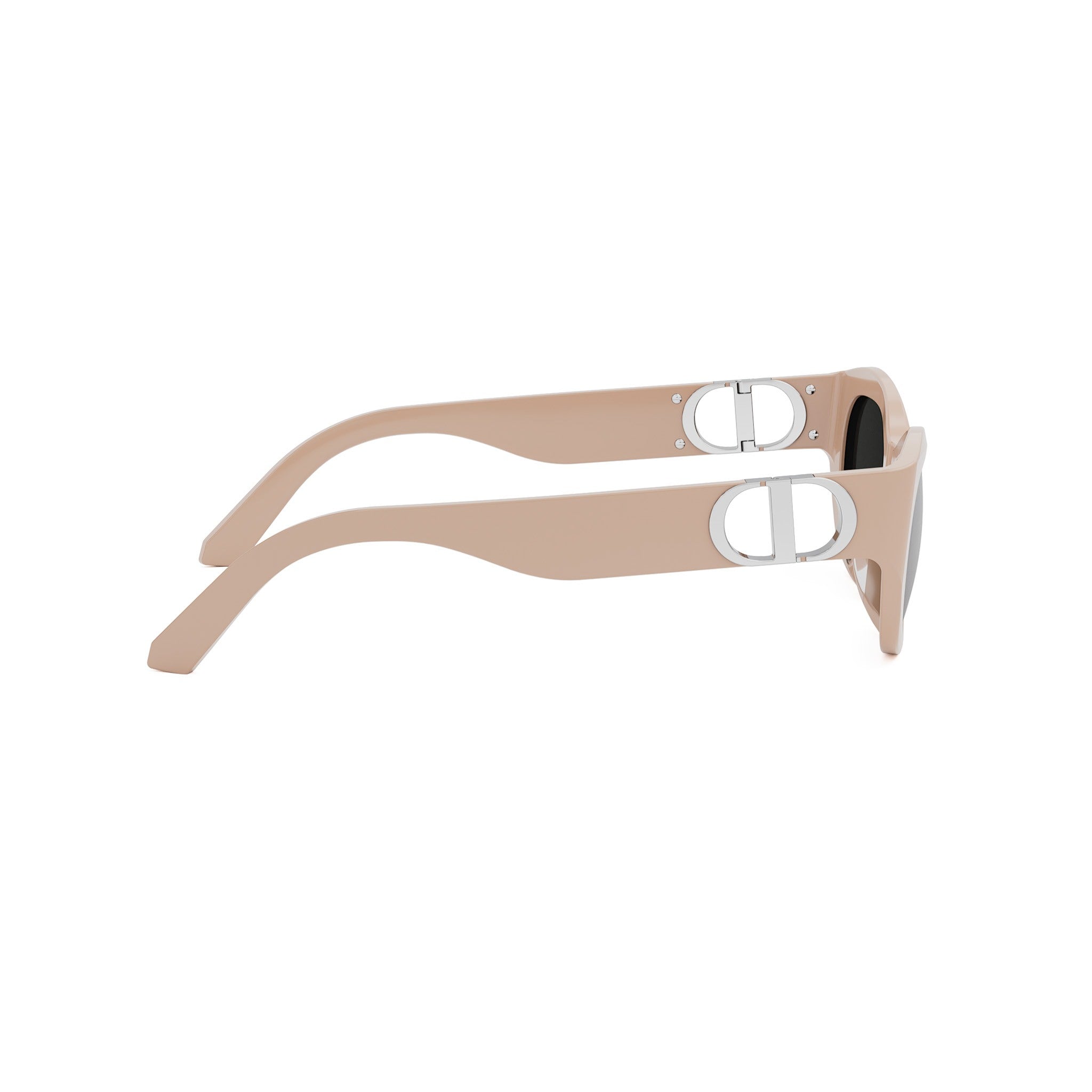 A pair of tan-colored sunglasses with a Dior logo on the frame.