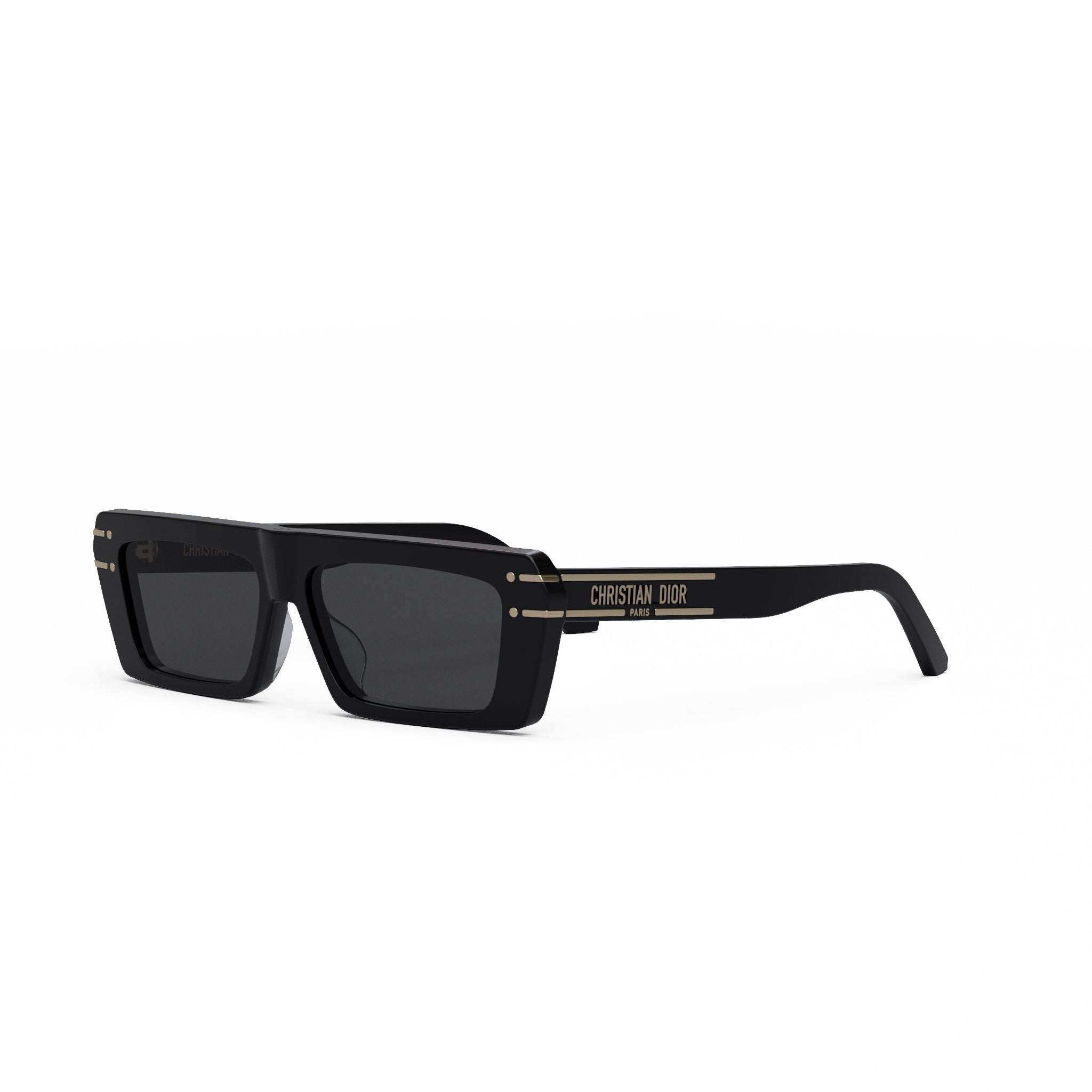 A pair of black sunglasses with gold accents and the brand name "Christian Dior" printed on the frame.