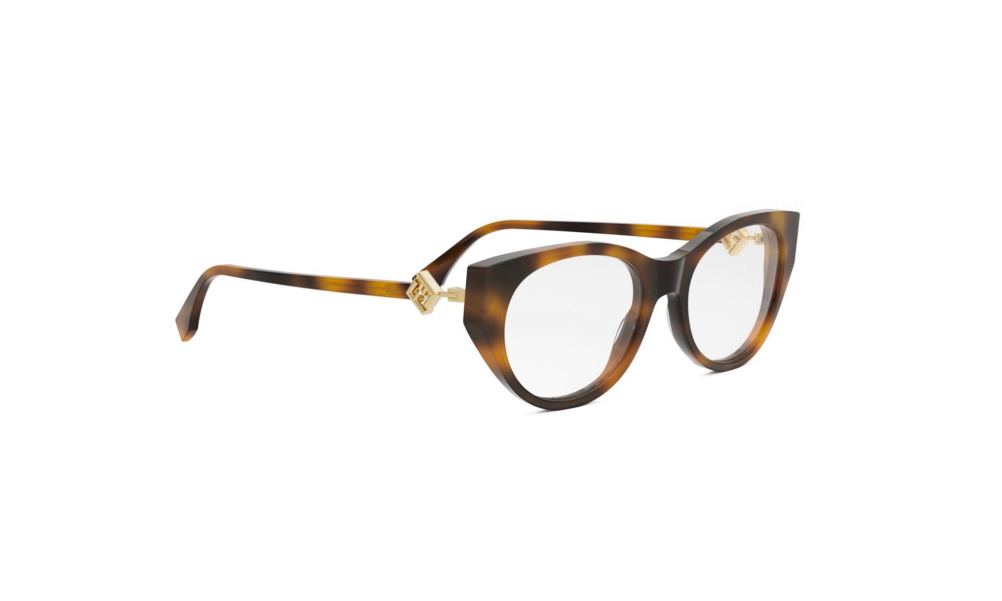 A pair of tortoiseshell-framed glasses with a gold-colored accent detail.