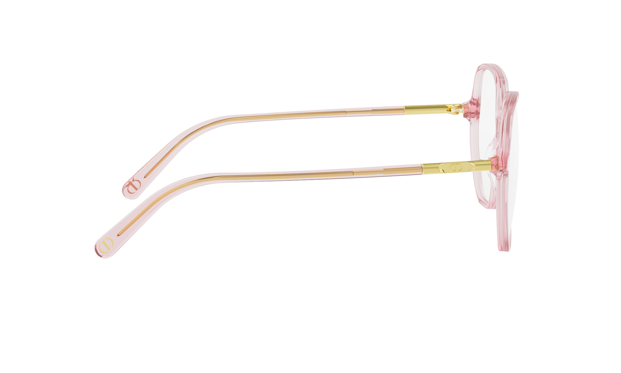 A pair of pink-framed glasses with gold accents, positioned side by side against a white background.