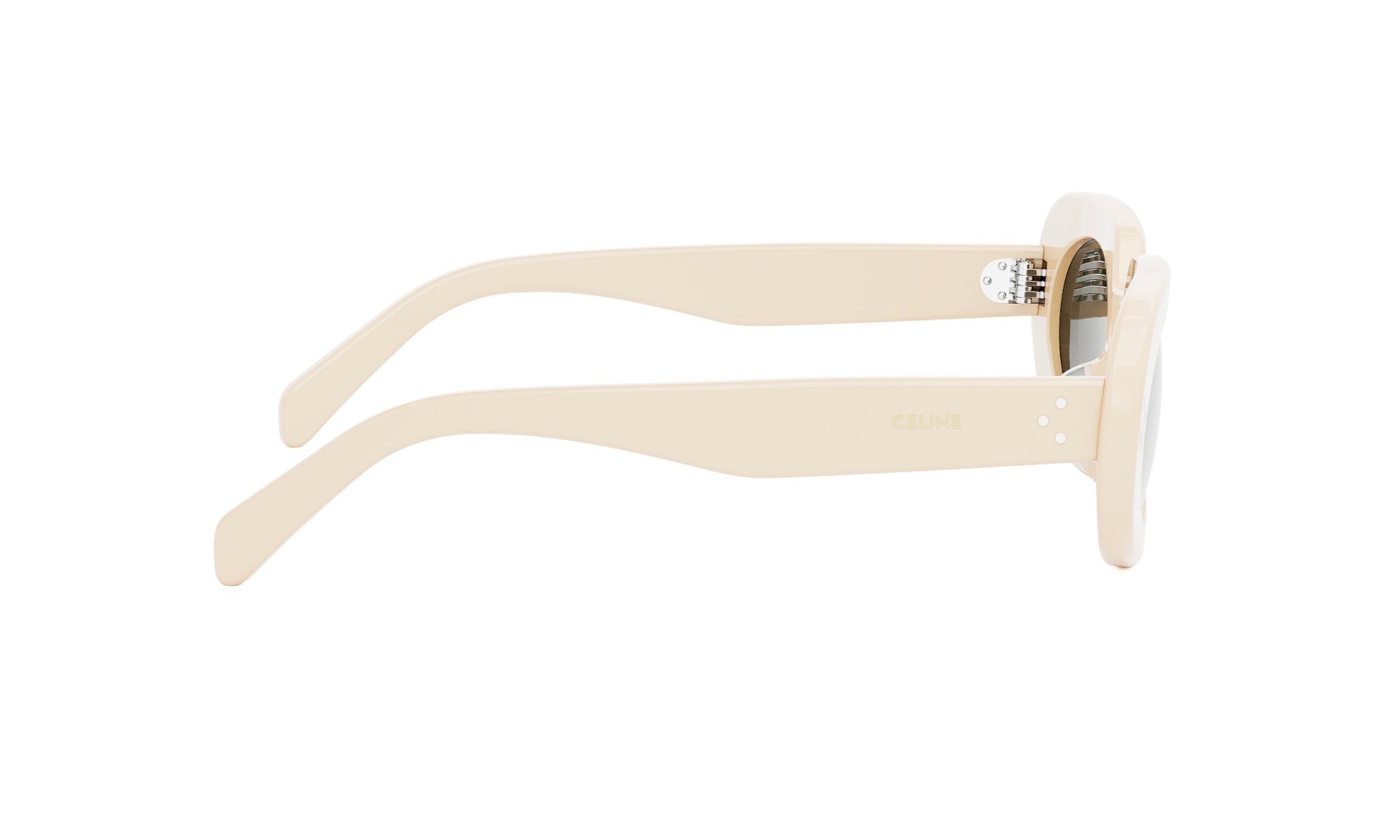 A pair of cream-colored sunglasses with the brand name "Celine" printed on the frame.