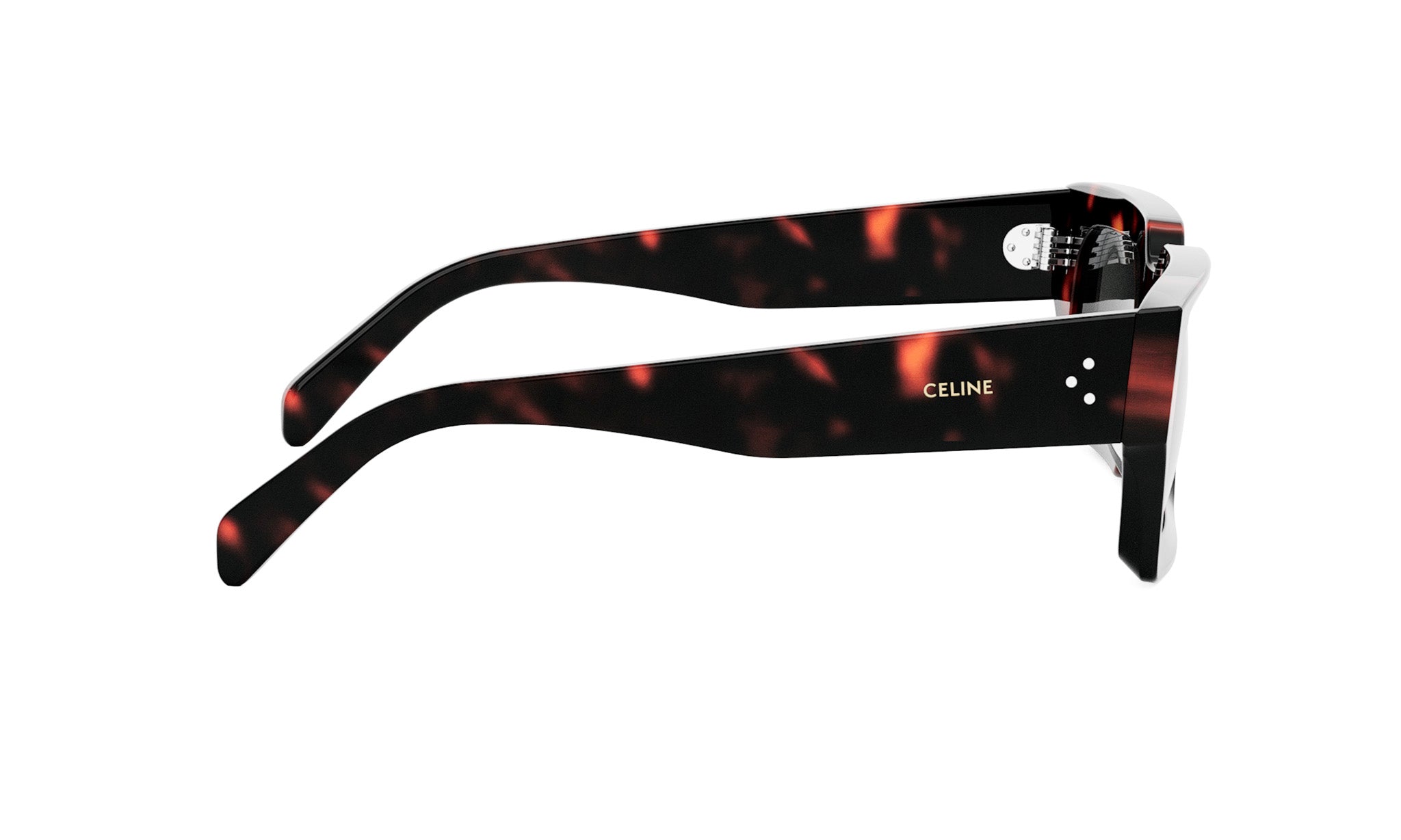 A pair of sunglasses with a tortoiseshell frame and the Celine logo on the temple.
