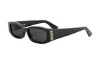 A pair of black sunglasses with a distinctive design on the frame.