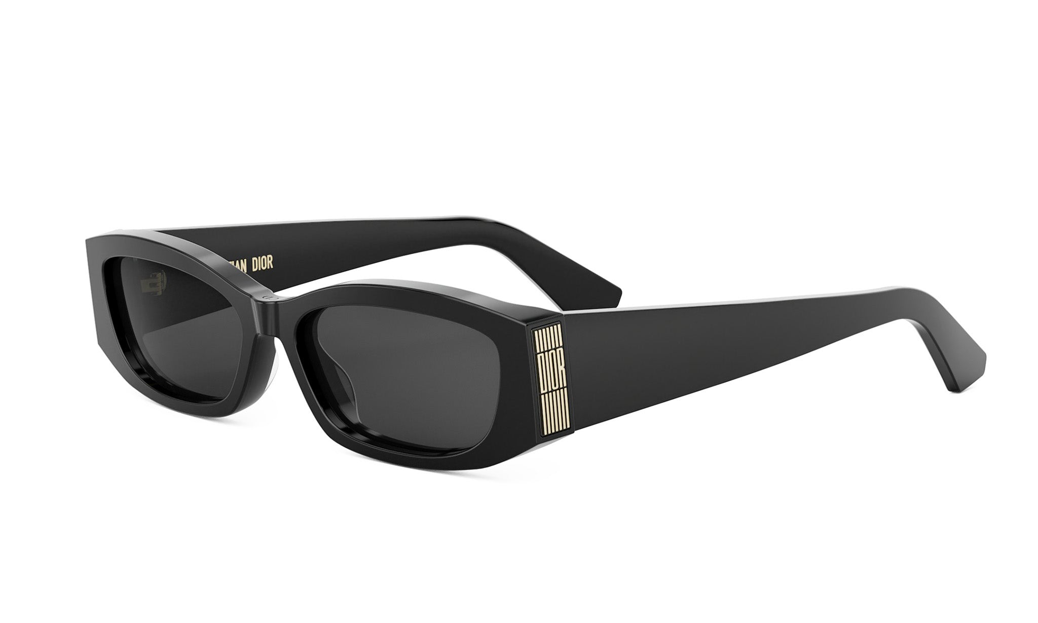 A pair of black sunglasses with a distinctive design on the frame.