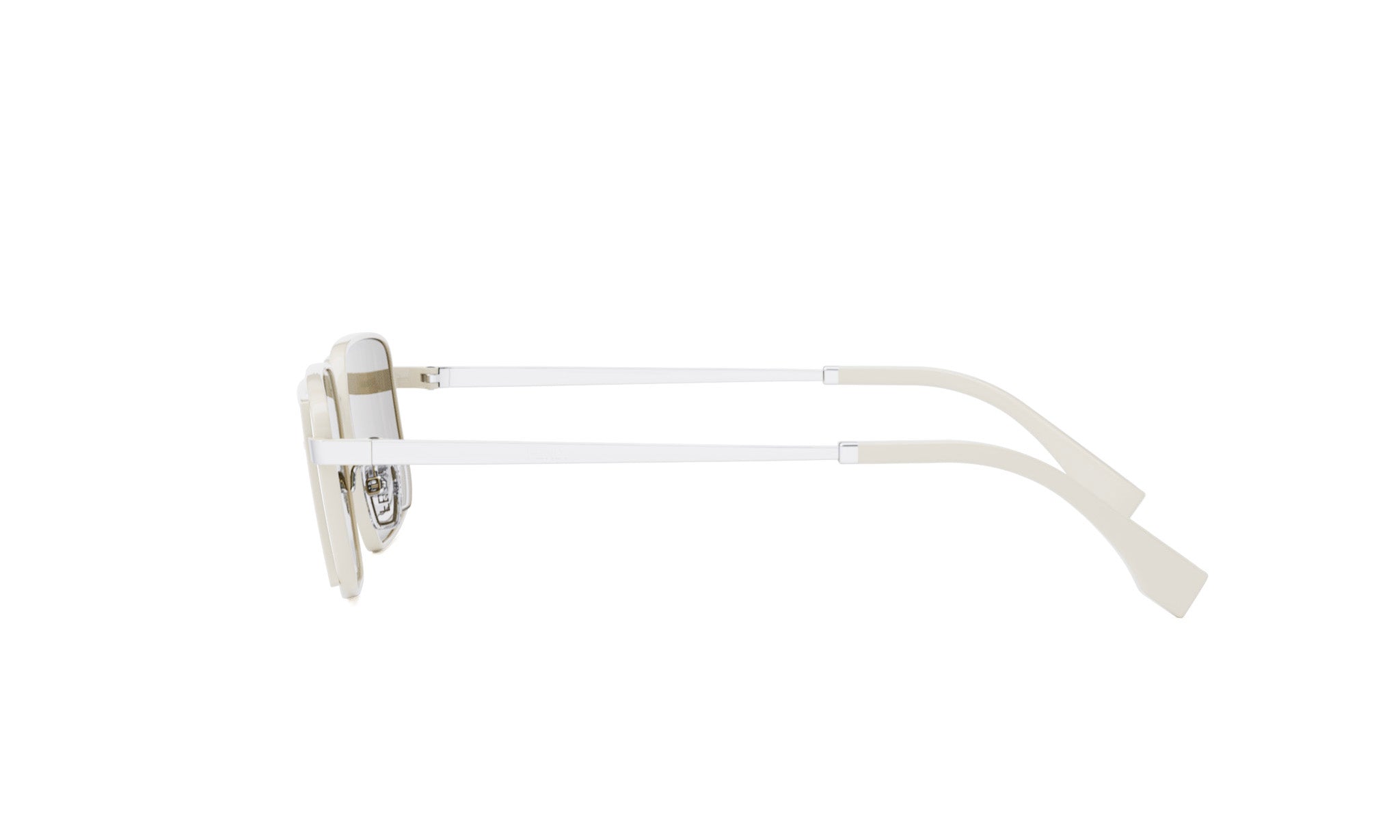 A pair of white sunglasses with a sleek, modern design.