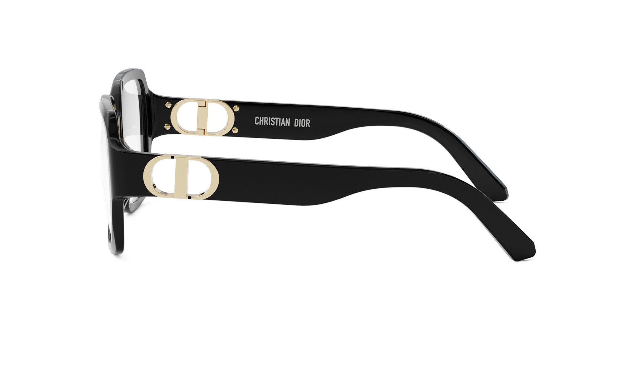 A pair of black Christian Dior-branded glasses with gold accents.