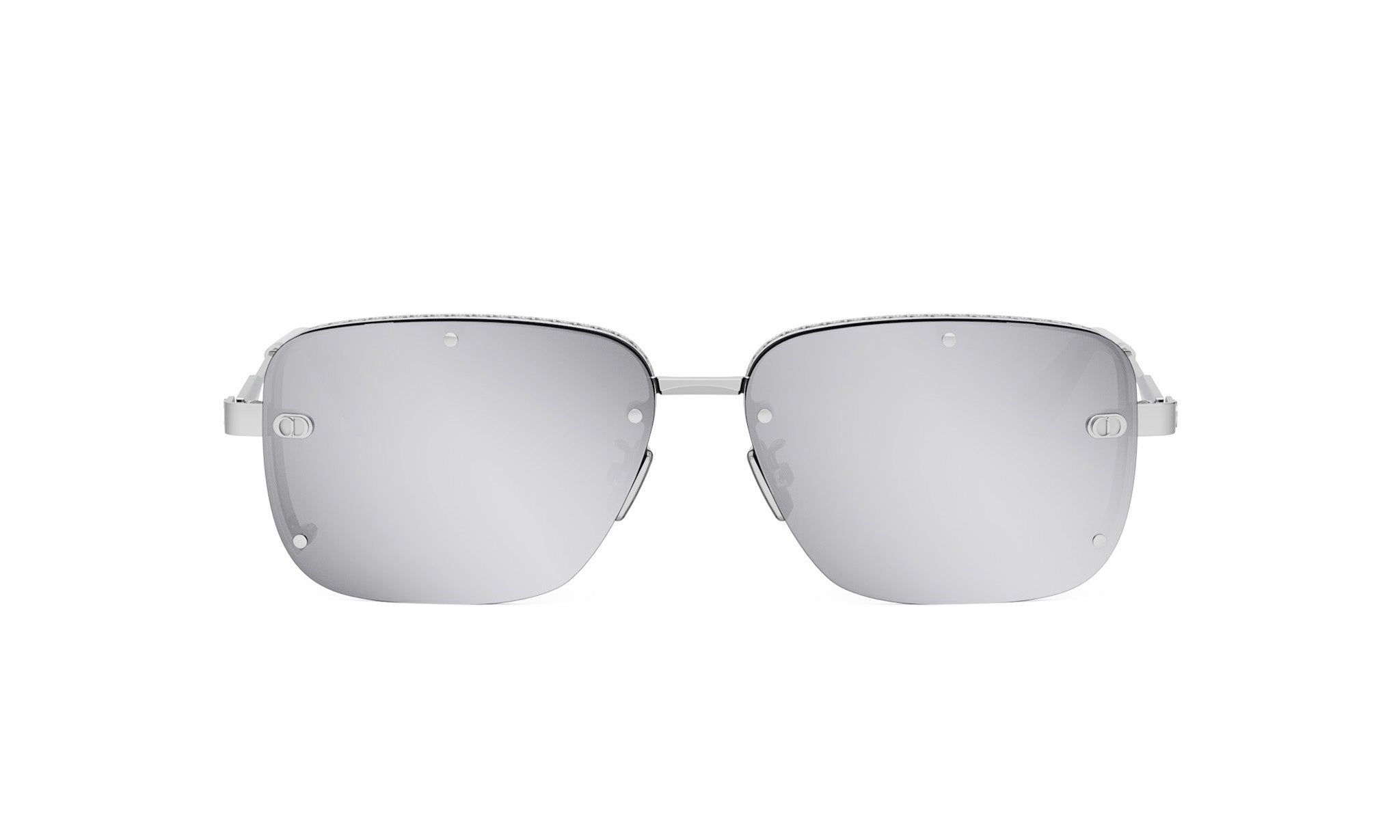 A pair of silver-framed sunglasses with reflective lenses.