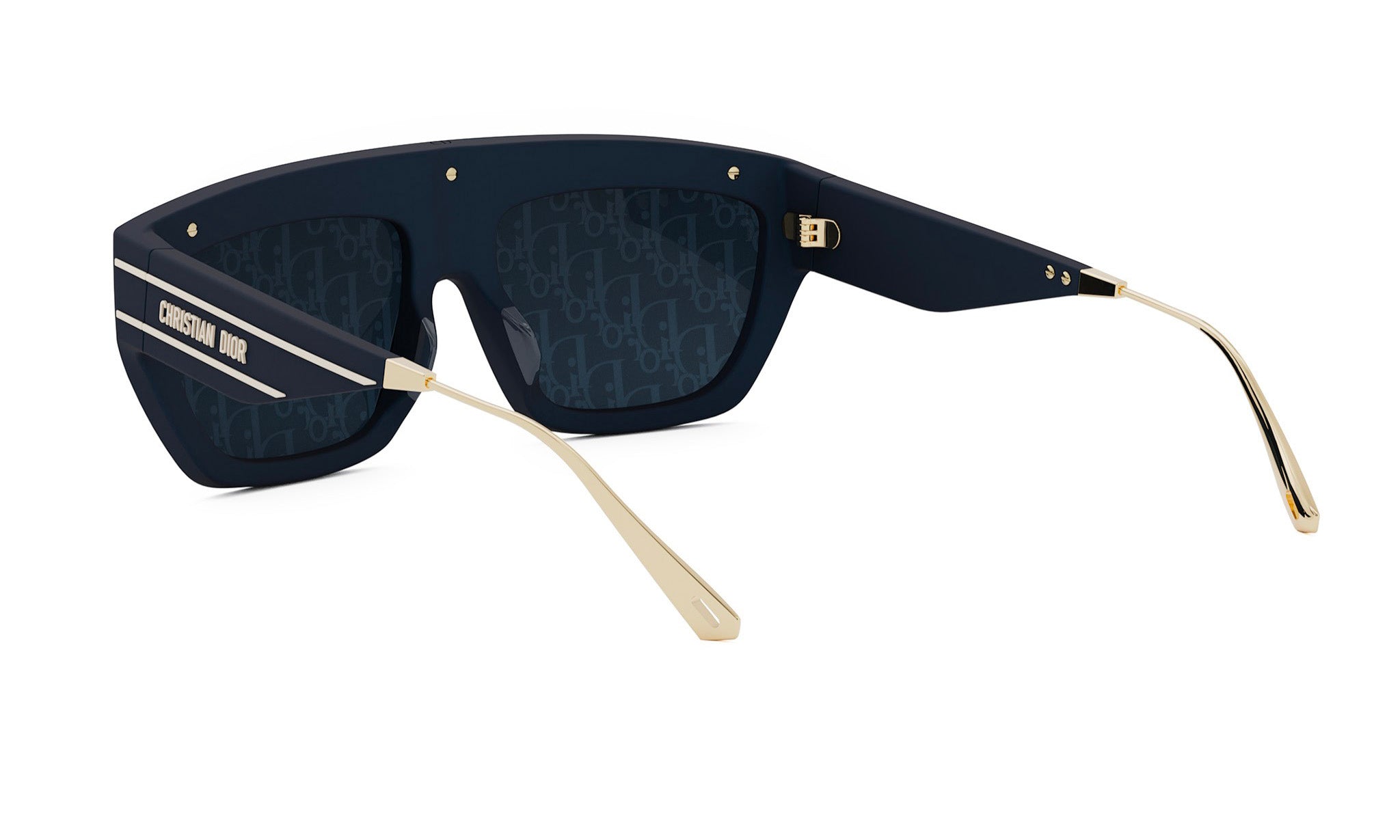A pair of dark blue sunglasses with gold accents, featuring the Christian Dior logo on the frame.