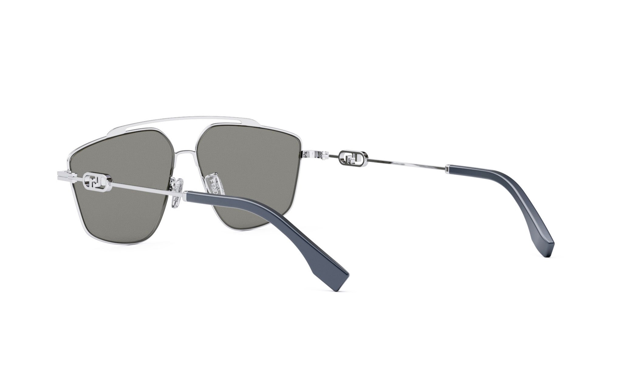 A pair of silver-framed sunglasses with dark lenses.
