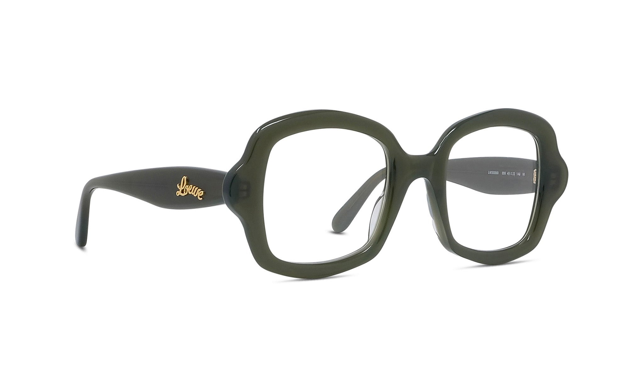 A pair of dark green, square-framed glasses with a gold-colored logo on the frame.
