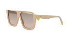A pair of beige-colored sunglasses with a yellow accent, featuring the Fendi logo on the frame.