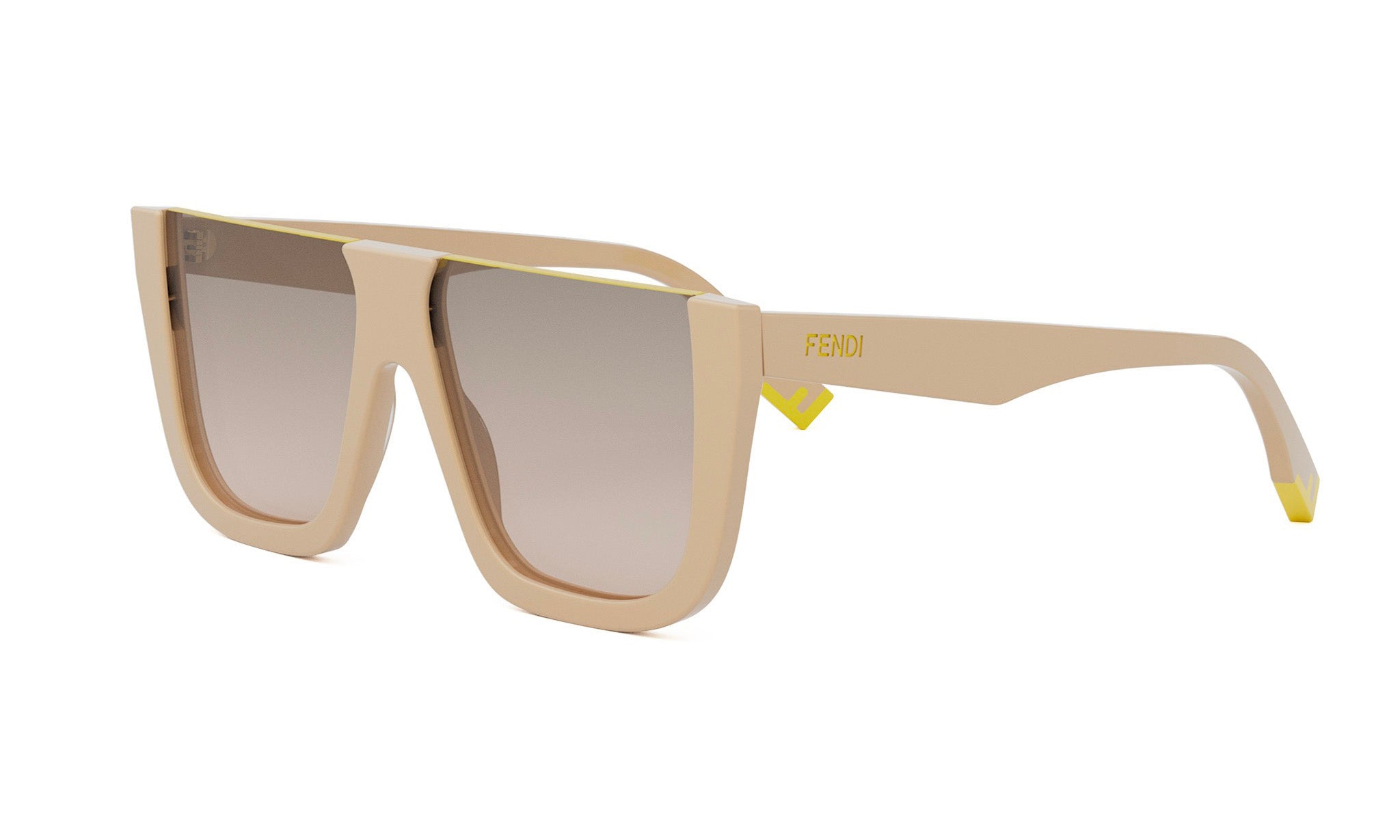 A pair of beige-colored sunglasses with a yellow accent, featuring the Fendi logo on the frame.