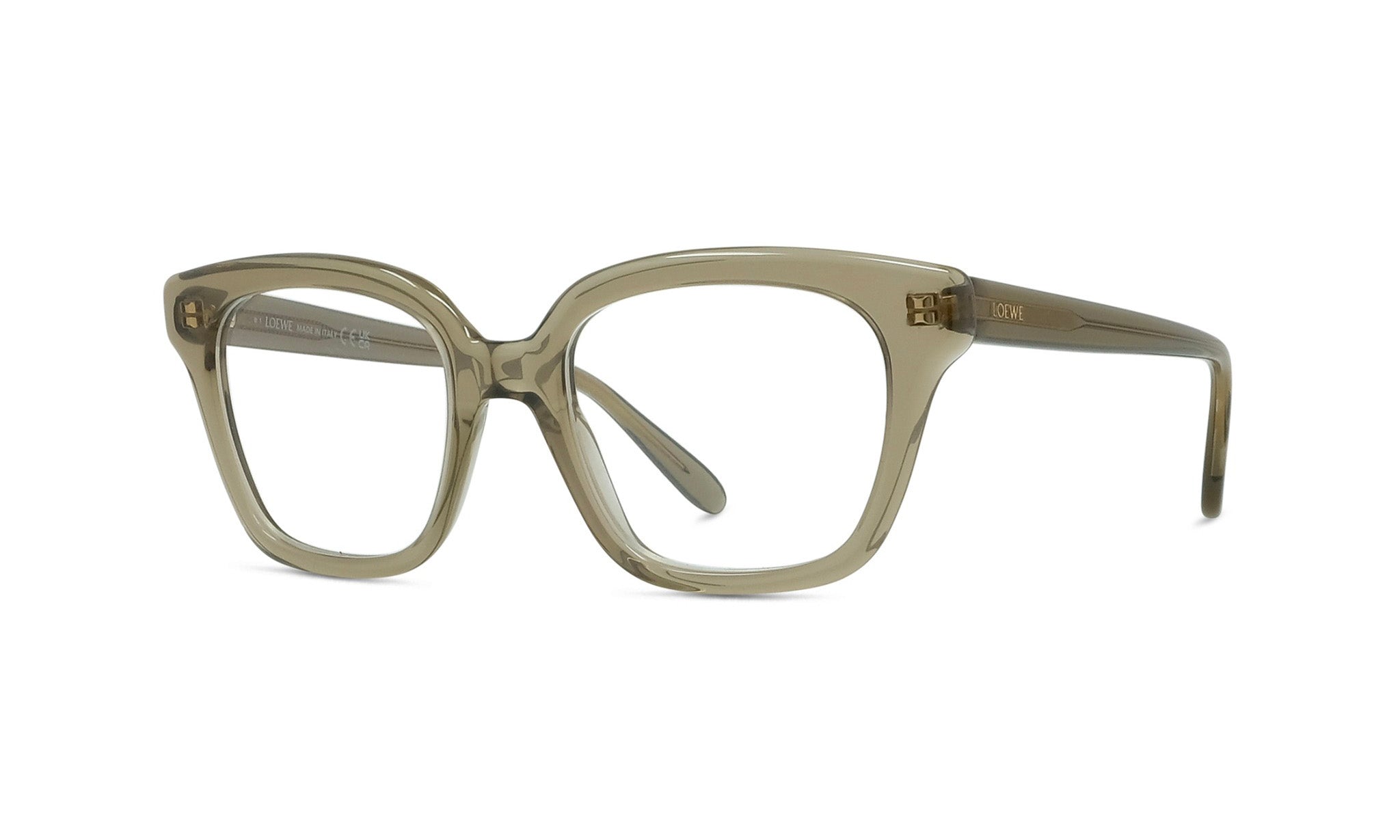 A pair of stylish, square-framed glasses with a beige frame.