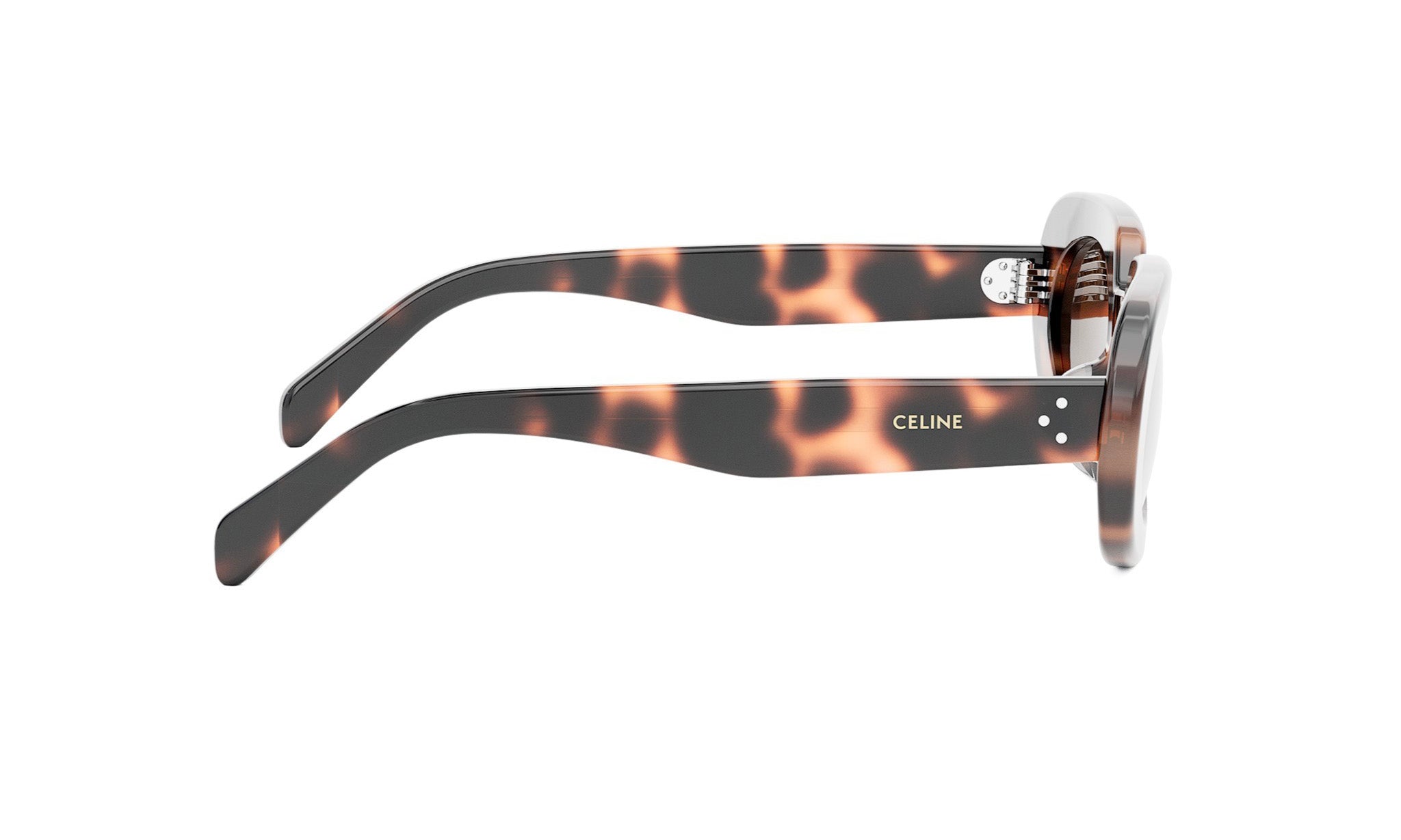 A pair of sunglasses with a tortoiseshell frame and the Celine logo on the temples.