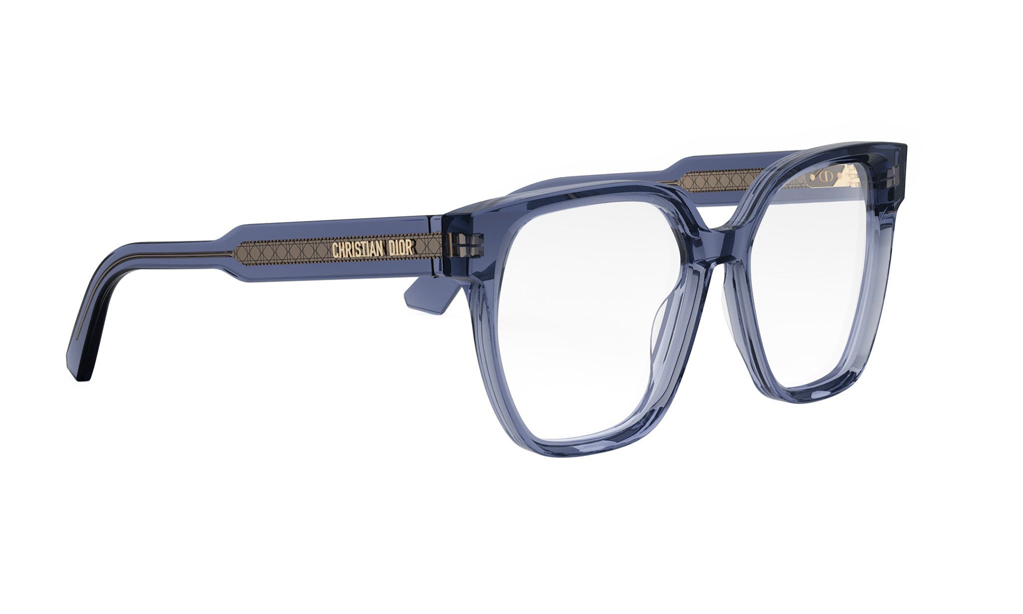 A pair of blue-framed glasses with the brand name "Christian Dior" printed on the side.