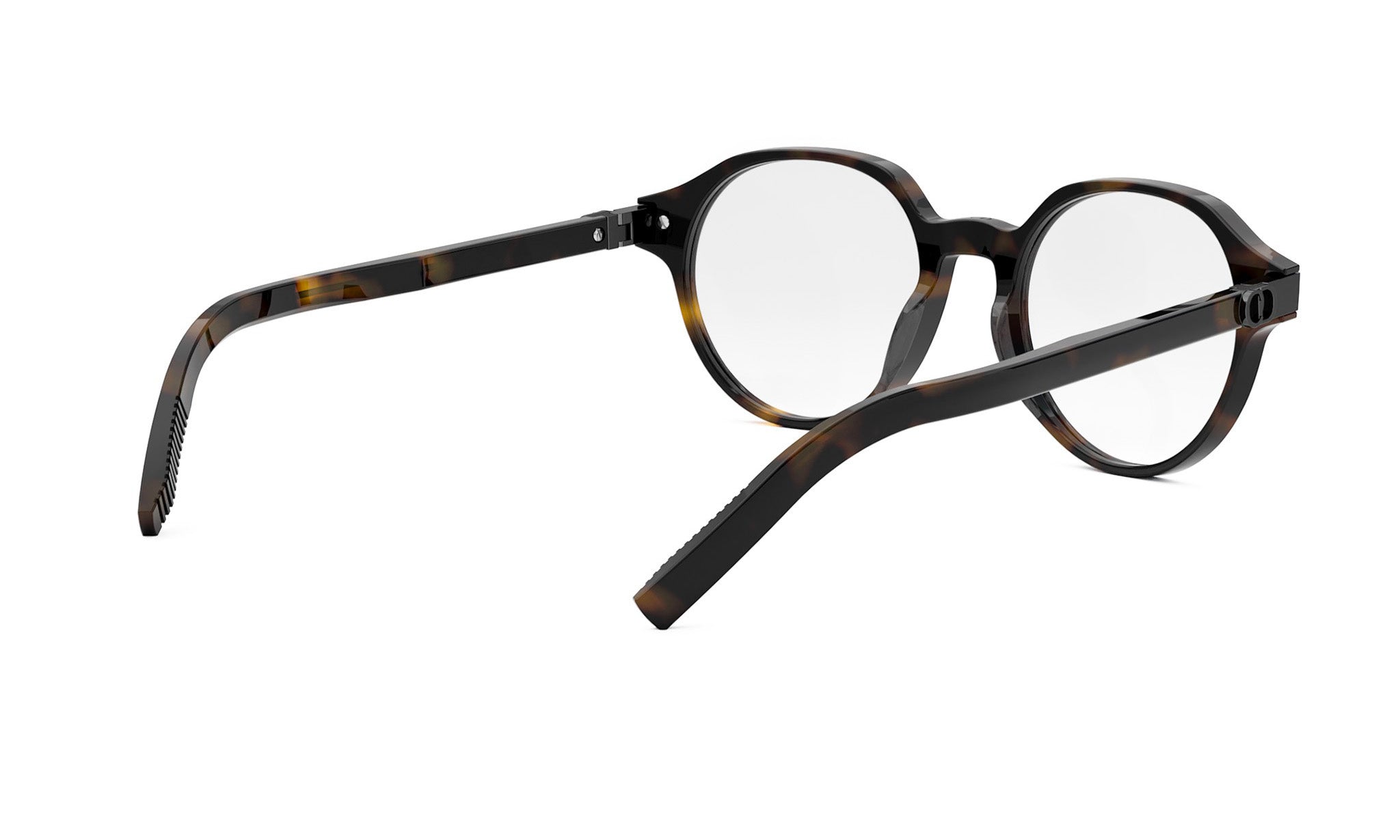 A pair of dark-framed glasses with a tortoiseshell pattern.