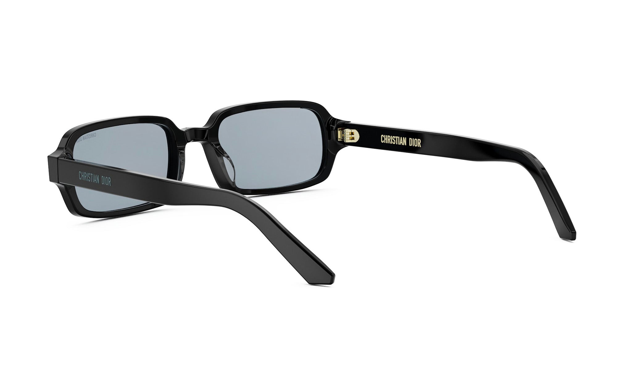 A pair of black-framed sunglasses with a gold-colored inscription on the temples.