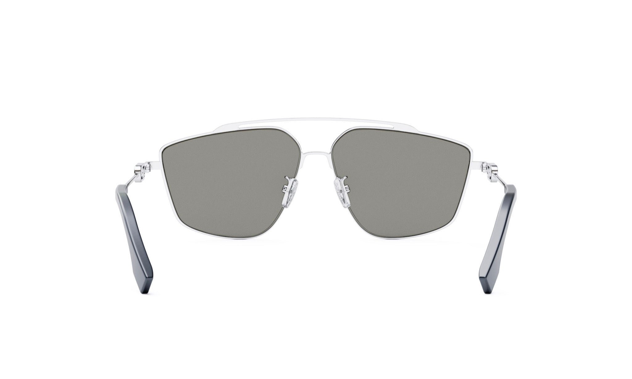 A pair of silver-framed sunglasses with dark lenses.
